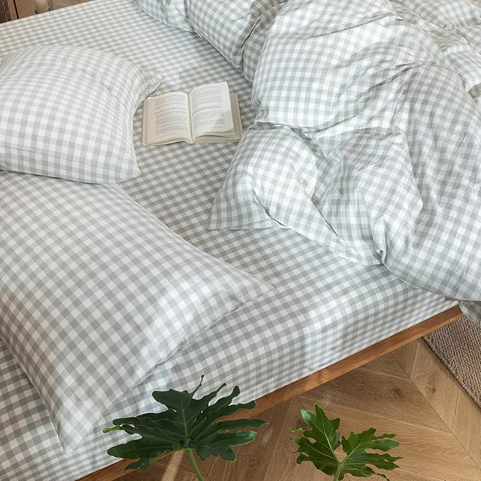 MooMee Gingham Duvet Cover Set 100% Washed Cotton Linen Like Textured Breathable Durable Soft Comfy Modern Checkered Design (Northern Droplet Grey Gingham, Twin 68"x90")