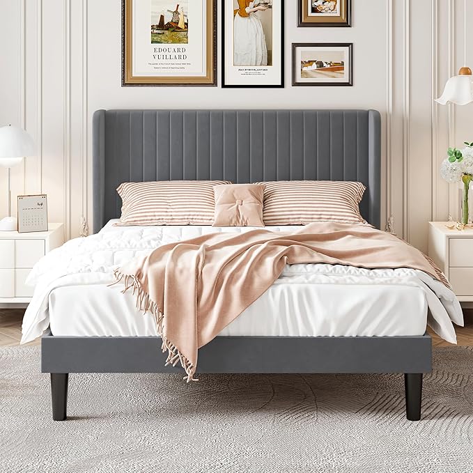 SHA CERLIN Queen Size Velvet Bed Frame with Vertical Channel Tufted Wingback Headboard, Upholstered Platform Bed with Wood Slats, No Box Spring Needed, Easy Assembly, Grey