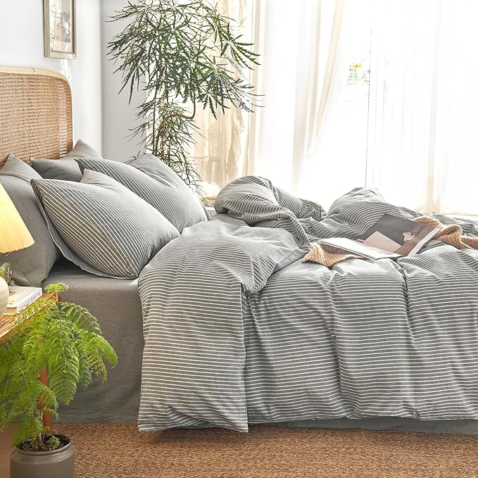 Wake In Cloud - Striped Cotton Duvet Cover Set, 100% Washed Cotton Textured Percale Bedding Set, Ticking Stripe Pinstripe Farmhouse, 3 Pieces, Grey, King Size