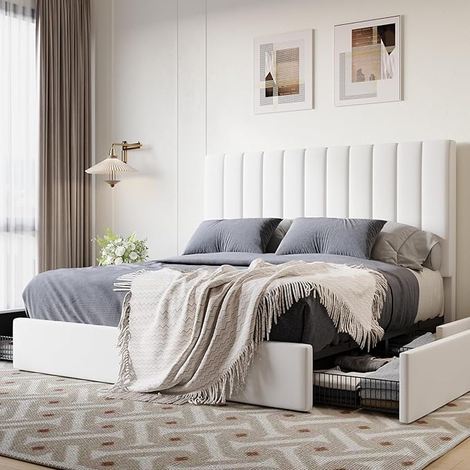 SHA CERLIN Full Size Platform Bed Frame with 4 Storage Drawers, Vertical Channel Tufted Adjustable Headboard, Velvet Upholstered, Wooden Slats Support, No Box Spring Needed, Easy Assembly, White