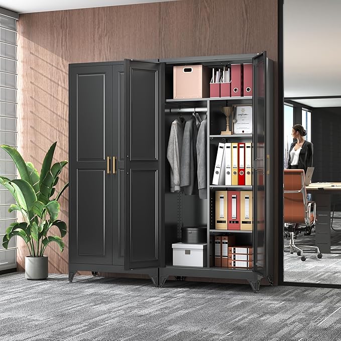 SteeLoong Metal Wardrobe Closet,71" H Wardrobe Cabinet with 2 Doors,Black Clothing Storage Cabinets with Hanging Rod and 3 Adjustable Shelves,Armoire Wardrobe Closet for Home Office,School,Gym