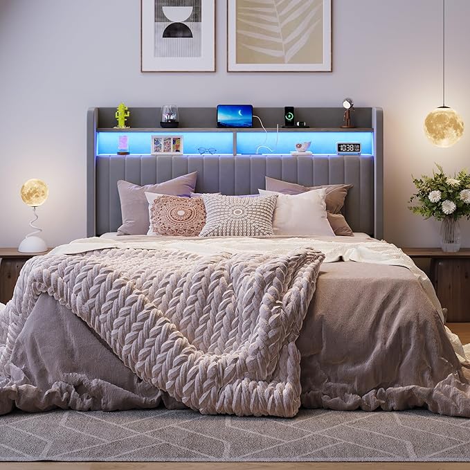 SHA CERLIN Full Size Lift Up Storage Bed Frame/LED Lights/Charging Station/2-Tier Shelves Headboard/USB,Type-C Ports/Velvet Upholstered/Hydraulic Support/No Box Spring Needed/Noise Free/Gray