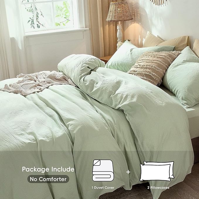 MooMee Bedding Duvet Cover Set 100% Washed Cotton Linen Like Textured Breathable Durable Soft Comfy (Heathered Seaglass Green, King 104"x90")