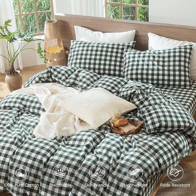 MooMee Gingham Duvet Cover Set 100% Washed Cotton Linen Like Textured Breathable Durable Soft Comfy Modern Checkered Design (Buffalo Plaid Forest Green, King 104"x90")