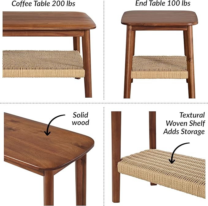 Alaterre Furniture Calais 3-Piece Solid Wood Coffee Table Set with 2 Side Tables – Mid Century Modern Living Room Tables with Woven Storage Shelves (Chestnut)