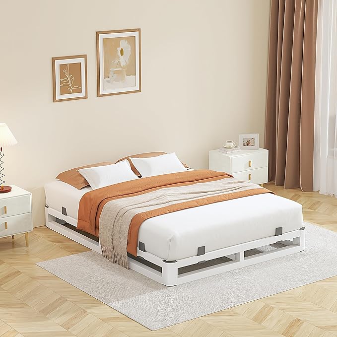 6 Inch Full Size Bed Frame with Rounded Corner and Squeak Free U-Slot Design, Metal Platform Bed Frames 6 Non-Slip Guards, 3500lbs Heavy Duty Steel Slat Support, No Box Spring Needed, White