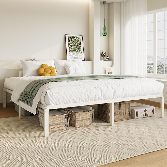 Allewie King Size Bed Frame, 14 inch Metal Platform Beds with Storage Space, No Box Spring Needed and Easy Assembly, White