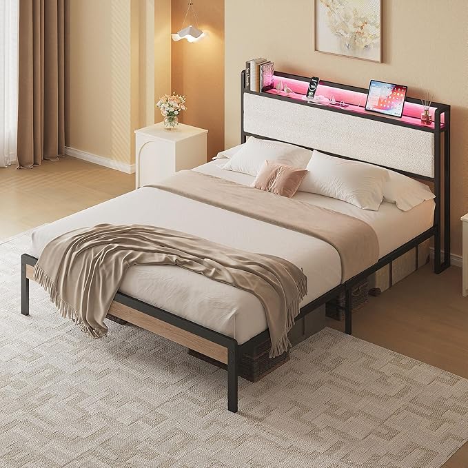 LIKIMIO Queen Bed Frame with Storage Headboard and LED Lights, Metal Platform Bed with Charging Station, Noise Free, No Box Spring Needed, Under Bed Storage, Natural and Cream