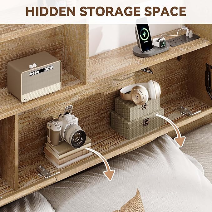 King Headboard Only, 78.7" Wide Wooden Headboard King Size with Storage, Modern Farmhouse Head Board with Outlets & USB Ports, Wall Mounted Headboards with Color-Changing LED, Natural
