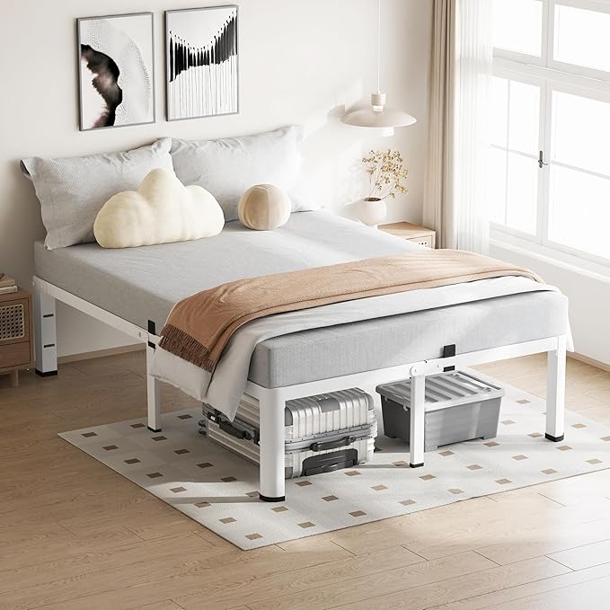 VIPSHOW 20 Inch King Size White Bed Frame, 3500Lbs Heavy Duty Metal Platform with Round Corner Legs Mattress Slide Stopper, Steel Slat Support No Box Spring Needed, Noise Free, Non-Slip, Easy Assembly