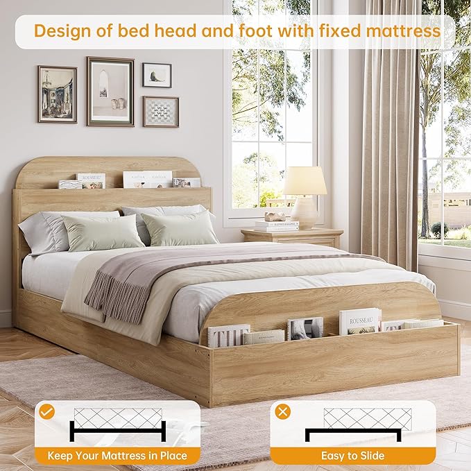 Garvee Twin XL Size Bed Frame with Storage Headboard and Raised Footboard – Wooden Twin-Floor Low Platform Bed for Kids, Heavy Duty & Noise Free, No Box Spring Needed, Natural Wood