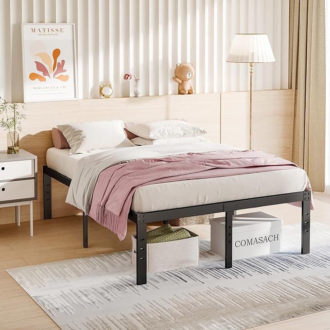 18 Inch Bed-Frames-Full, Heavy Duty Black Tall Metal Bed Frame No Box-Spring Needed, Easy Assembly, Under Bed Storage, Noise Free Mattress-Foundation Support up to 2000Lbs