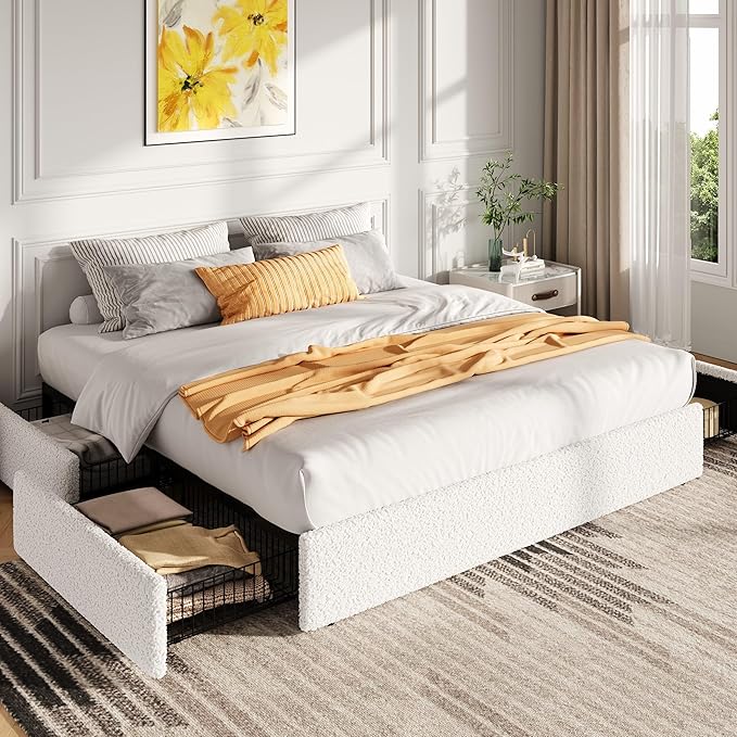 SHA CERLIN Boucle King Size Bed Frame with 4 Spacious Drawers, Platform Bed with Soft Teddy Fabric Upholstery, Sturdy Wooden Slats Support, No Box Spring Needed, Noise Free, Easy Assembly, White