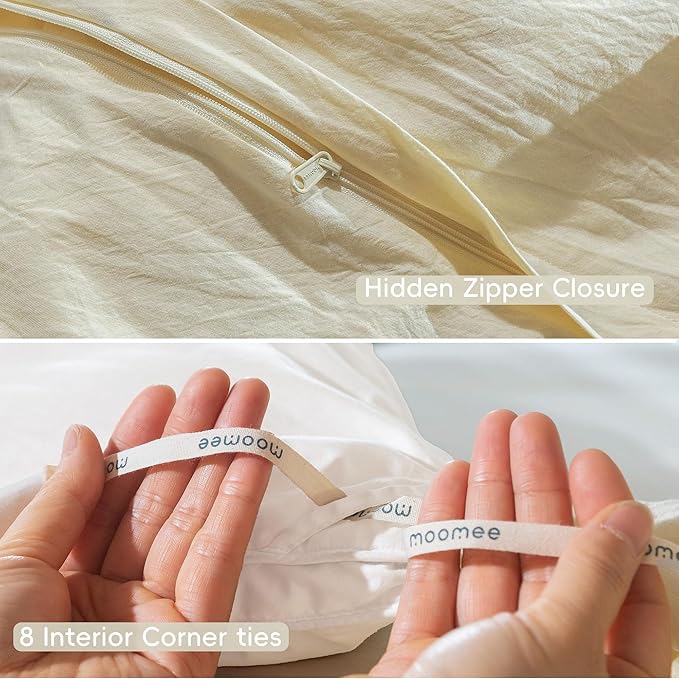 MooMee Bedding Duvet Cover Set 100% Washed Cotton Linen Like Textured Breathable Durable Soft Comfy (Solid Cream, Queen 90"x90")