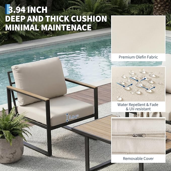 GarveeHome 4-Piece Aluminum Patio Furniture Set with Coffee Table, Outdoor Sectional Conversation Set with Washable High-Resiliency Sponge Cushions, Modern Metal Sofa for Poolside, Deck (Beige)