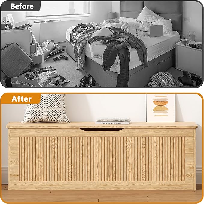 Akxomel Extra Large Fluted Storage Chest, 51.2" Storage Bench with 2 Safety Hinges, Shoe Bench, Wooden Box Bench, Long Storage Trunk with Lift Top, for Bedroom, Living Room, Entryway, Natural Oak