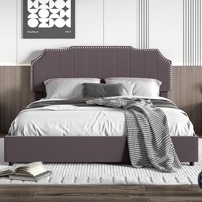 VECELO Full Upholstered Platform Bed Frame with 4 Storage Drawers,Velvet Vintage Full Bed with Nailhead Trim,Tufted Height Adjustable Headboard,Wooden Slats/No Box Spring Needed/Easy Assembly