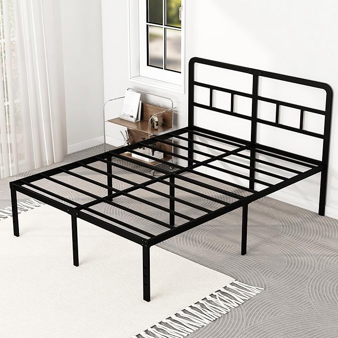 DiaOutro 18 Inch Queen Bed Frame with Headboard No Box Spring Needed, Heavy Duty Metal Queen Size Platform with Steel Slat, Mattress Foundation, Easy Assembly, Noise Free, Black