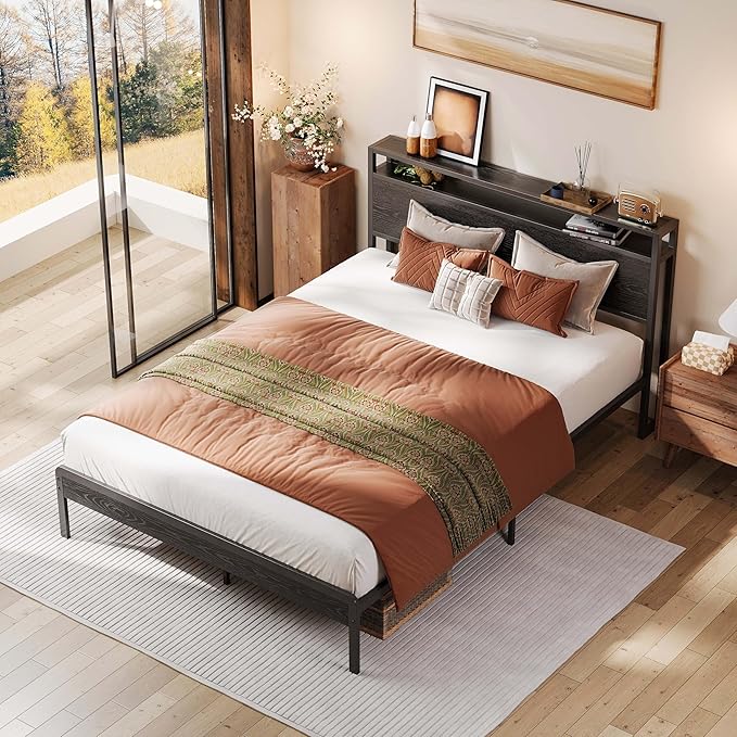 LIKIMIO Full Bed Frame with Headboard, Dark Wood Camas Full with Strong Supports, Sturdy, Noise-Free, No Box Spring Needed, Black