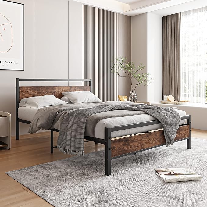 HOJINLINERO Full Size Bed Frame with Headboard, Heavy Duty Platform Bed Frame Full Reinforced Steel Square Tube Platform Strong Slats Support/No Box Spring Needed,Black and Rustic Brown
