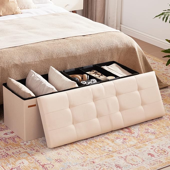 HAUSFRAU Storage Ottoman Bench with Flipping Lid, 43.3 Inches Storage Chest Footsrest, Folding Foot Stool for Entryway, Living Room, Bedroom, Linen Beige