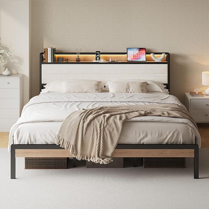 LIKIMIO California King Bed Frame with Storage Headboard and LED Lights, Metal Platform Bed with Charging Station, Noise Free, No Box Spring Needed, Under Bed Storage, Natural and Cream