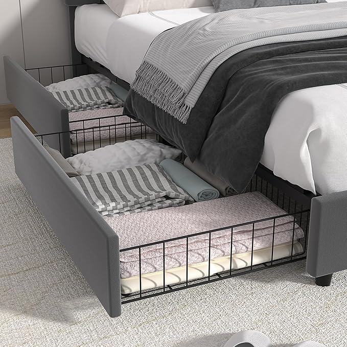 VECELO Full Size Upholstered Bed Frame with 4 Drawers and Headboard, Velvet Platform Storage Bedframe, Wooden Slats Support, No Box Spring Needed,Dark Grey