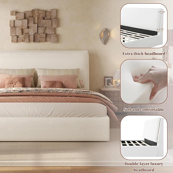 Christopher Knight Home Jamaiya Boucle Upholstered King Size Bed Frame with Wingback Headboard, Modern King Bed Frame and Headboard, Wooden Slats Support, Easy Assembly, No Box Spring Needed, White