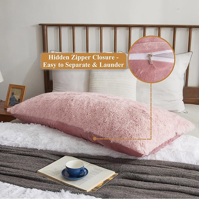 XeGe Luxury Shaggy Faux Fur Body Pillow Cover 20x54, Shed-Free Fluffy Long Pillowcase Hidden Zipper, Soft Plush Pillow Sham for Side Sleepers & Pregnancy Support, Aesthetic Room Decor (Pink Ombre)