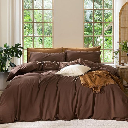 MooMee Bedding Duvet Cover Set 100% Washed Cotton Linen Like Textured Breathable Durable Soft Comfy (Solid Cocoa Brown, Super King 108"x98")