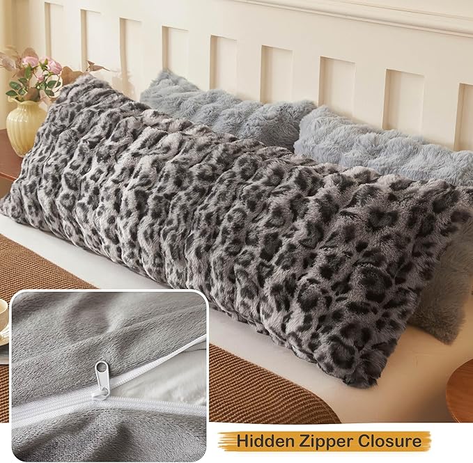 LIFEREVO Leopard Print 20 x 54 Faux Rabbit Fur Body Pillow Cover, Comfy Cheetah Print Bubble Shaggy Bed Pillowcase with Zipper, Long Plush Furry Farmhouse Pillow Case for Adults Kids Girls Teens, Grey