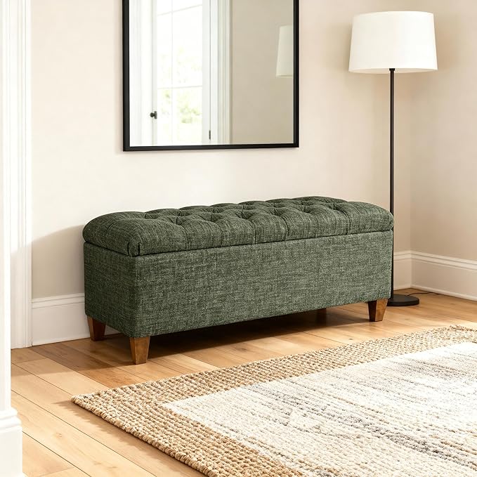 Homepop Home Decor Tufted Ainsley Button Storage Ottoman Bench with Hinged Lid Ottoman Bench with Storage for Living Room & Bedroom, Green Clover Fabric