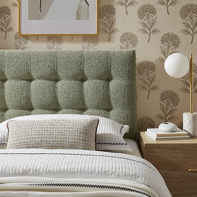 Modway Lily Twin Size Headboard with Biscuit Tufting in Leaf - Fabric Upholstery with Padded Design and 5 Height-Adjustable Mounts