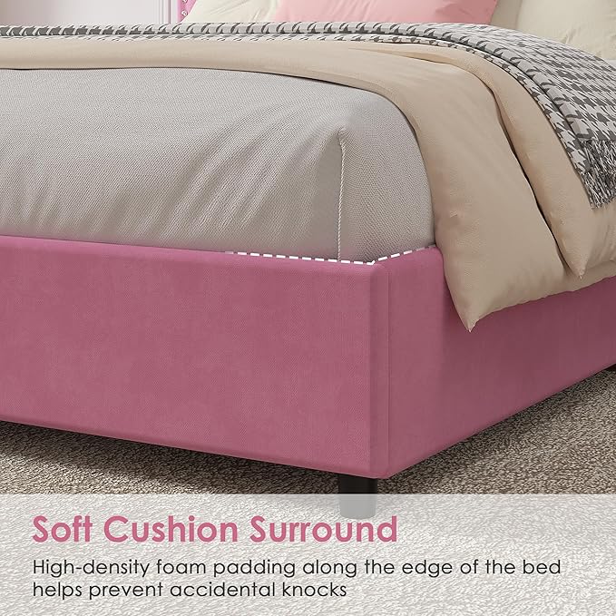 VECELO Full Size Upholstered Bed Frame with 4 Storage Drawers, Adjustable Velvet Rivet Decor Headboard, Wooden Slats Platform Support, No Box Spring Needed, Easy Assembly,Pink