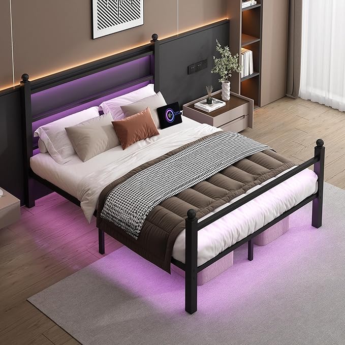 CLIBFENG Full Size Bed Frame with Headboard and Footboard,Steel Slats Support-LED Bed Frame with Charging Station,Mattress Foundation-Under Bed Storage, No Box Spring Needed,Noise Free,Black