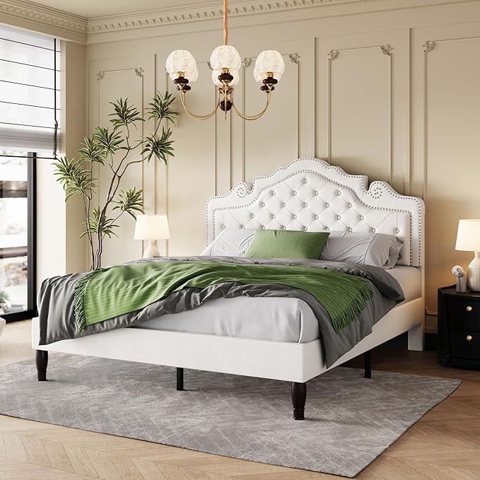 SHA CERLIN Queen Size Bed Frame with Adjustable Headboard/Velvet Upholstered/Diamond Button Tufted and Metal Studs/No Box Spring Needed/Sturdy Wood Slat Support/Easy Assembly/White