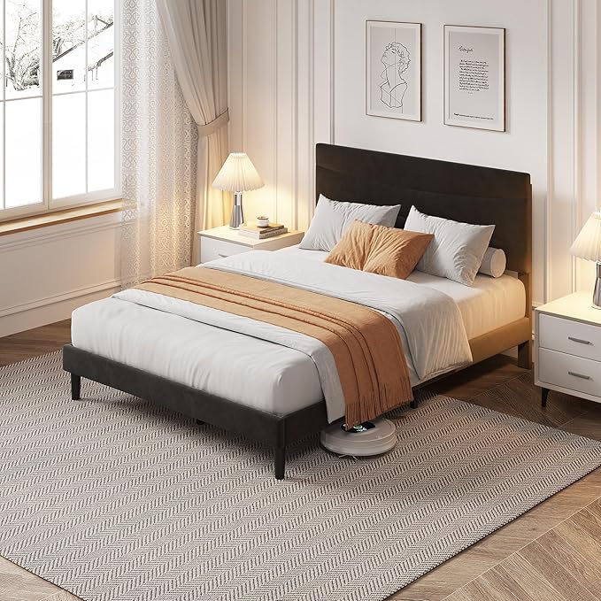 IDEALHOUSE Queen Size Upholstered Platform Bed Frame with Ergonomic Headboard, Beige Soft Fabric, Heavy Duty Wooden Slats, Noise-Free, 6.3" Underbed Storage, No Box Spring Needed, Easy Assembly