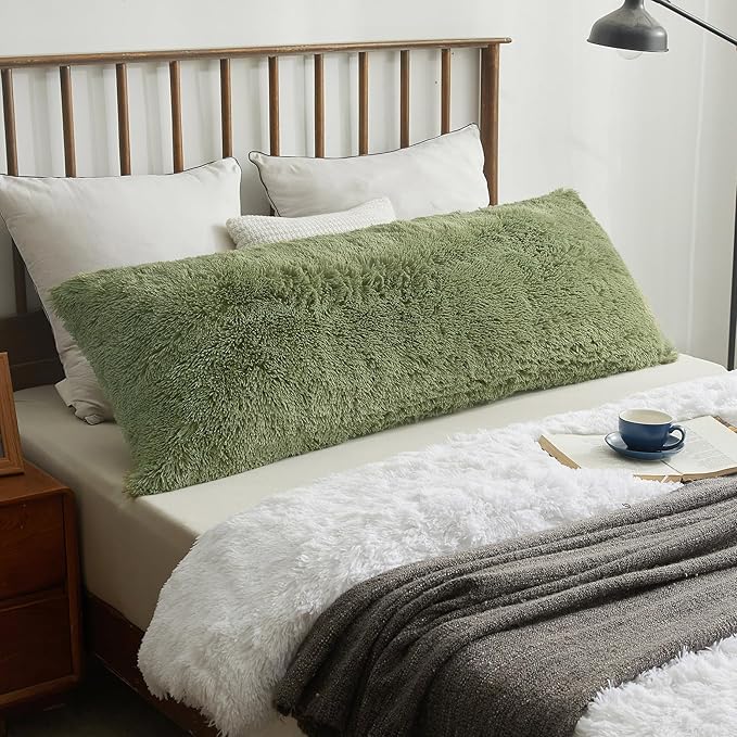XeGe Luxury Shaggy Faux Fur Body Pillow Cover 20x54, Shed-Free Fluffy Long Pillowcase Hidden Zipper, Soft Plush Pillow Sham for Side Sleepers & Pregnancy Support, Aesthetic Room Decor (Sage Green)