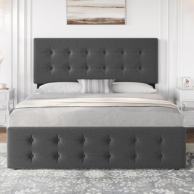 IDEALHOUSE Full Size Bed Frame with 4 Storage Drawers and Adjustable Headboard, Upholstered Mattress Foundation with Skin-Frienly Linen, No Box Spring Needed, Dark Grey (Full)
