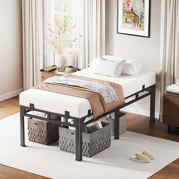 ROIL 20 Inch Twin Size Bed Frame, Metal Bed Frame & Box Spring 2 in 1 Platform with Round Corner Legs, 4000LBS Double Layer Bed Frame with Headboard Holes Mattress Baffles, Noise-Free Easy Assembly