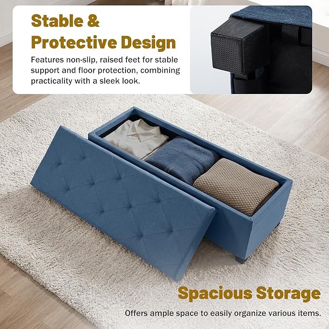 DUMOS Upholstered Storage Bench, End of Bed Ottoman, Extra Large 46.5 Gal (176L) Internal Volume, Foot Stool for Bedroom, Living Room, Sturdy Storage Chest, Blue, 43.3" L x 15.7" W x 15.7" H