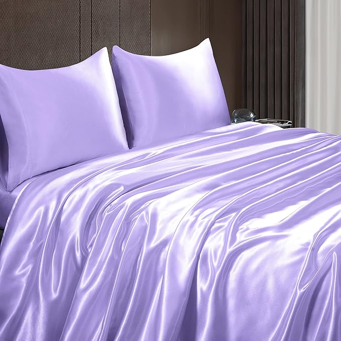 Homiest 4pcs Satin Sheets Set Luxury Silky Satin Bedding Set with Deep Pocket, 1 Fitted Sheet + 1 Flat Sheet + 2 Pillowcases (Queen Size, Lavender)