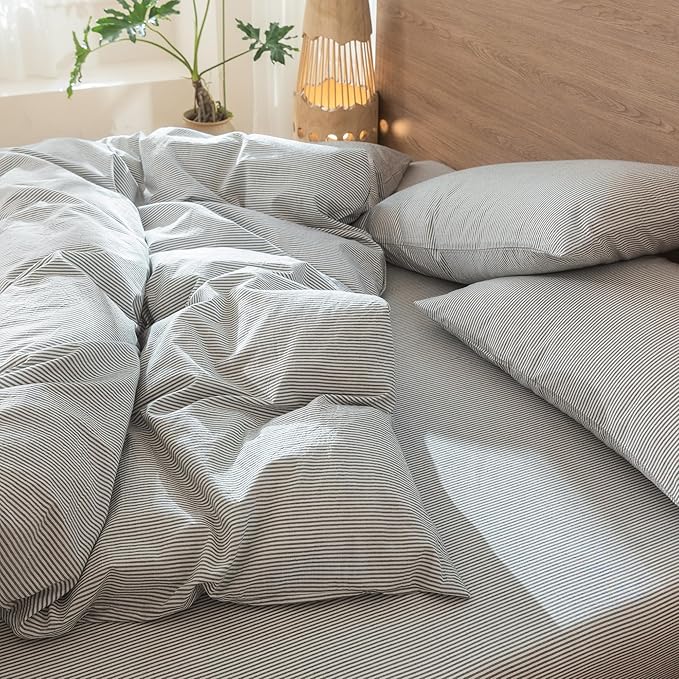 MooMee Striped Duvet Cover Set 100% Washed Cotton Linen Like Textured Breathable Durable Soft Comfy (Dark Grey White Pinstripes, King 104"x90")