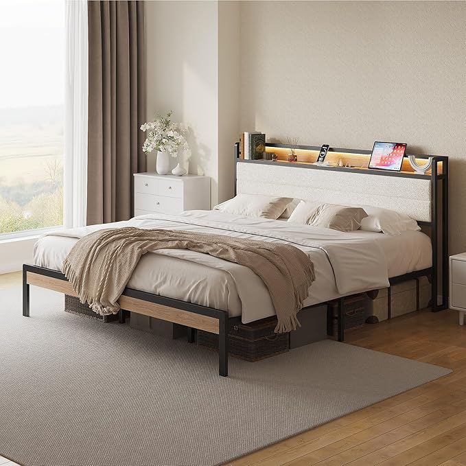 LIKIMIO California King Bed Frame with Storage Headboard and LED Lights, Metal Platform Bed with Charging Station, Noise Free, No Box Spring Needed, Under Bed Storage, Natural and Cream