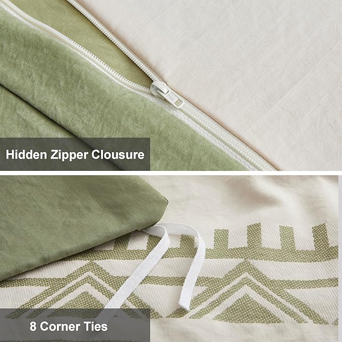 Oli Anderson Boho Duvet Cover Set Queen Size, Beige and Sage Green Color Clash 3 Pieces Microfiber Bedding Set, Durable and Super Soft Duvet Covers with Zipper and Ties, 90"*90"