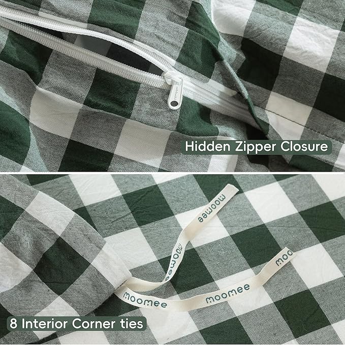 MooMee Gingham Duvet Cover Set 100% Washed Cotton Linen Like Textured Breathable Durable Soft Comfy Modern Checkered Design (Buffalo Plaid Forest Green, Cal King 104"x98")