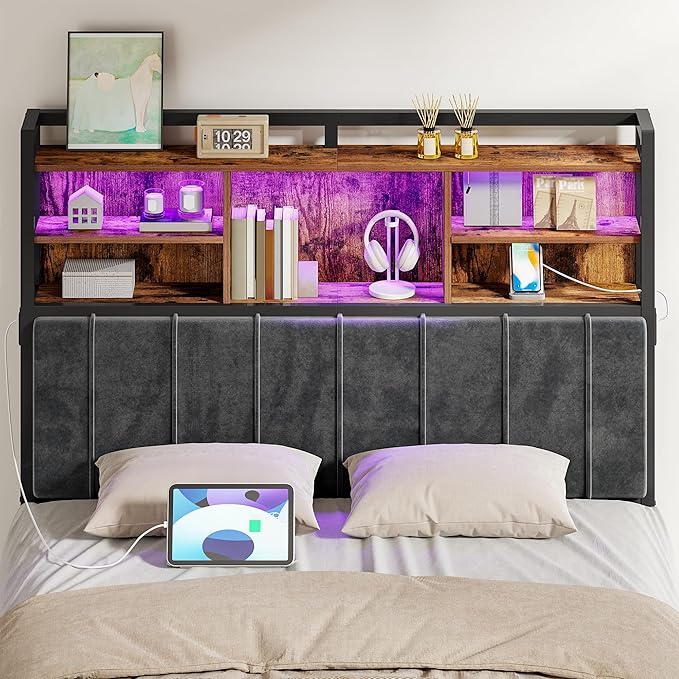 Hzuaneri Headboard with 3-Tier Storage Shelves, Velvet Upholstered Head Board with 2 Outlets, USB Ports & LED Light, Soft Backrest for Full Size Bed, Rustic Brown and Black BH13801B