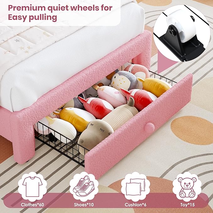 GarveeHome Twin Upholstered LED Bed Frame - with Storage Drawer and Rainbow Headboard, Berber Fleece Princess Platform Bed for Kids, Solid Wood Slats Support, No Box Spring Needed, Easy Assembly, Pink