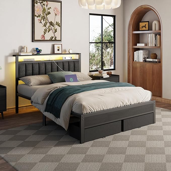 Furnulem Queen Bed Frame with Charging Station and LED Lights, Grey Upholstered Headboard with Shelves, Metal Platform Bed with 2 Under-Bed Storage (Fabric Drawer on Wheels), No Box Spring Needed