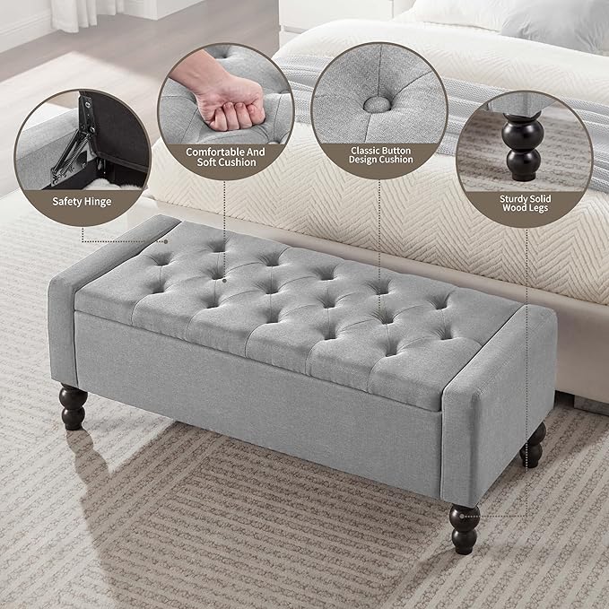 50" W Storage Ottoman Bench with Safety Hinge, Load up to 660 lb Ottoman with Storage, Upholstered Tufted Entryway Bench with Seating for Living Room, Bedroom, Light Gray